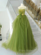 A-Line Green Tulle Long Formal Prom Dresses, Green Tulle Long Evening Dresses