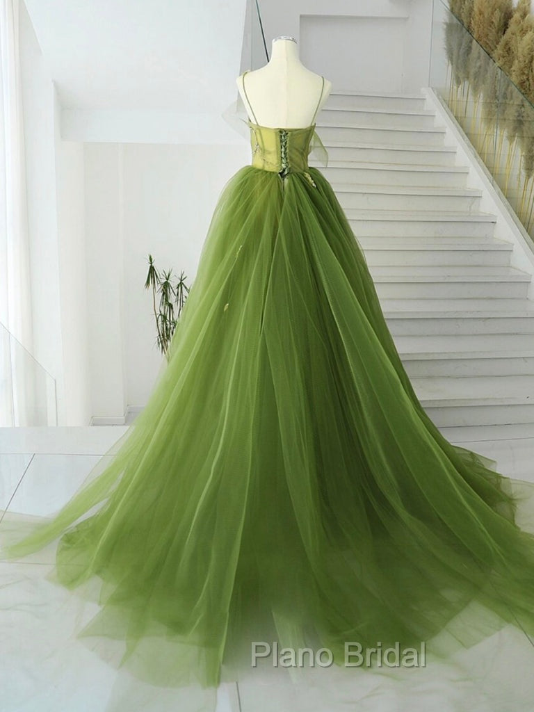 A-Line Green Tulle Long Formal Prom Dresses, Green Tulle Long Evening Dresses
