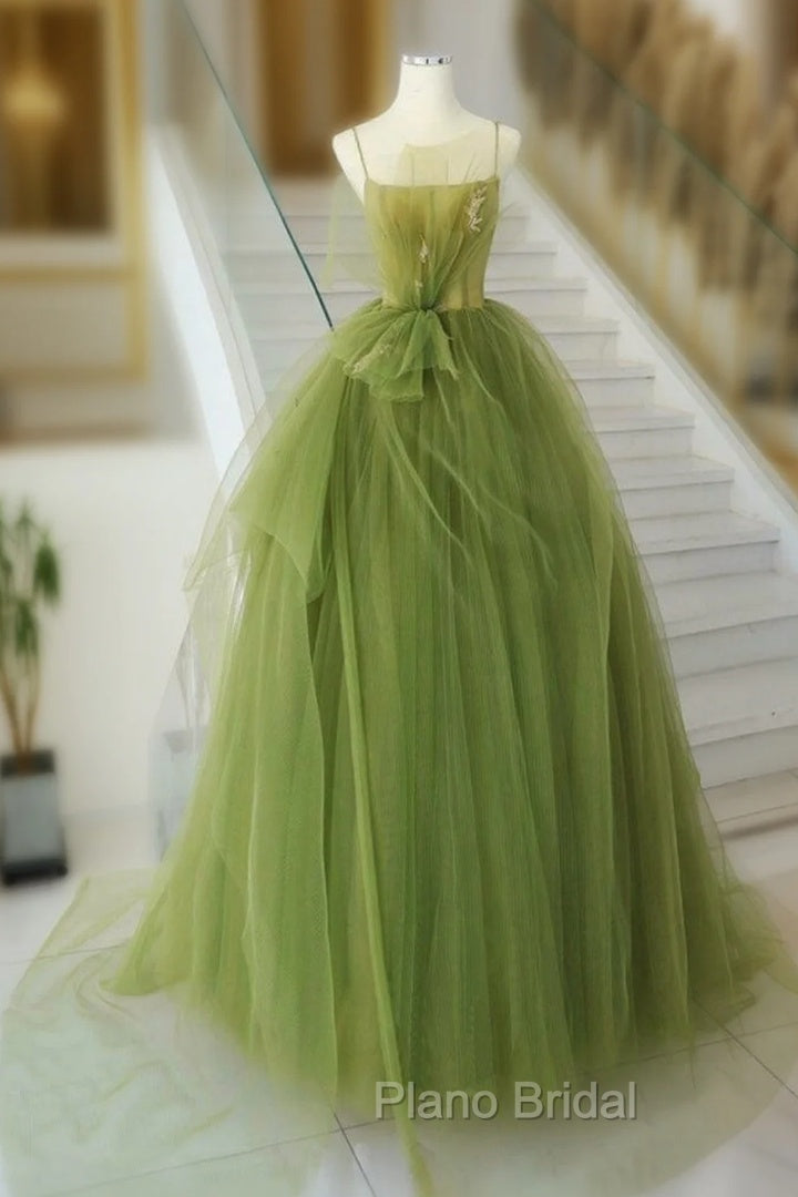 A-Line Green Tulle Long Formal Prom Dresses, Green Tulle Long Evening Dresses Main image