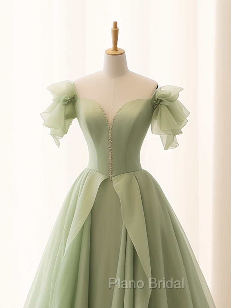 A-Line Green Tulle Long Formal Prom Dresses, Green Tulle Long Formal Dresses