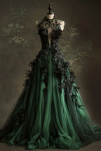 A Line Green Tulle Long Formal Prom Dresses Formal Applique Formal Evening Dresses