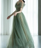 A-Line Green Tulle Long Formal Prom Dresses, Green Formal Evening Dresses