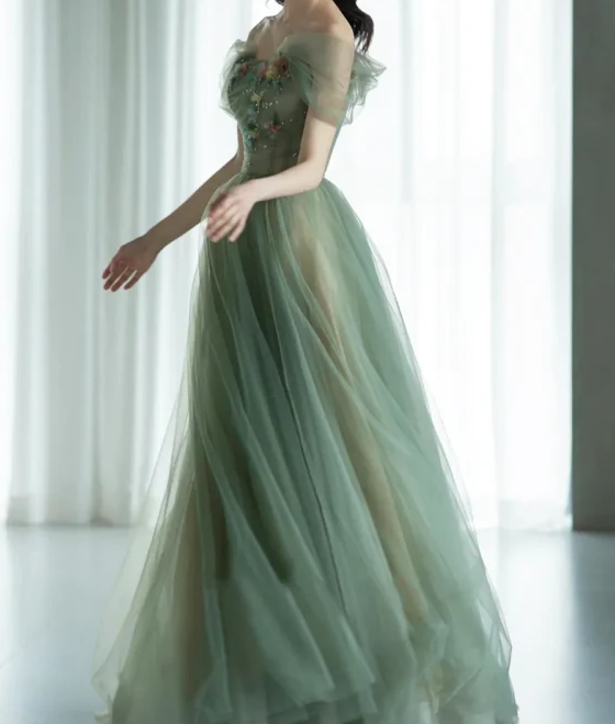 A-Line Green Tulle Long Formal Prom Dresses, Green Formal Evening Dresses