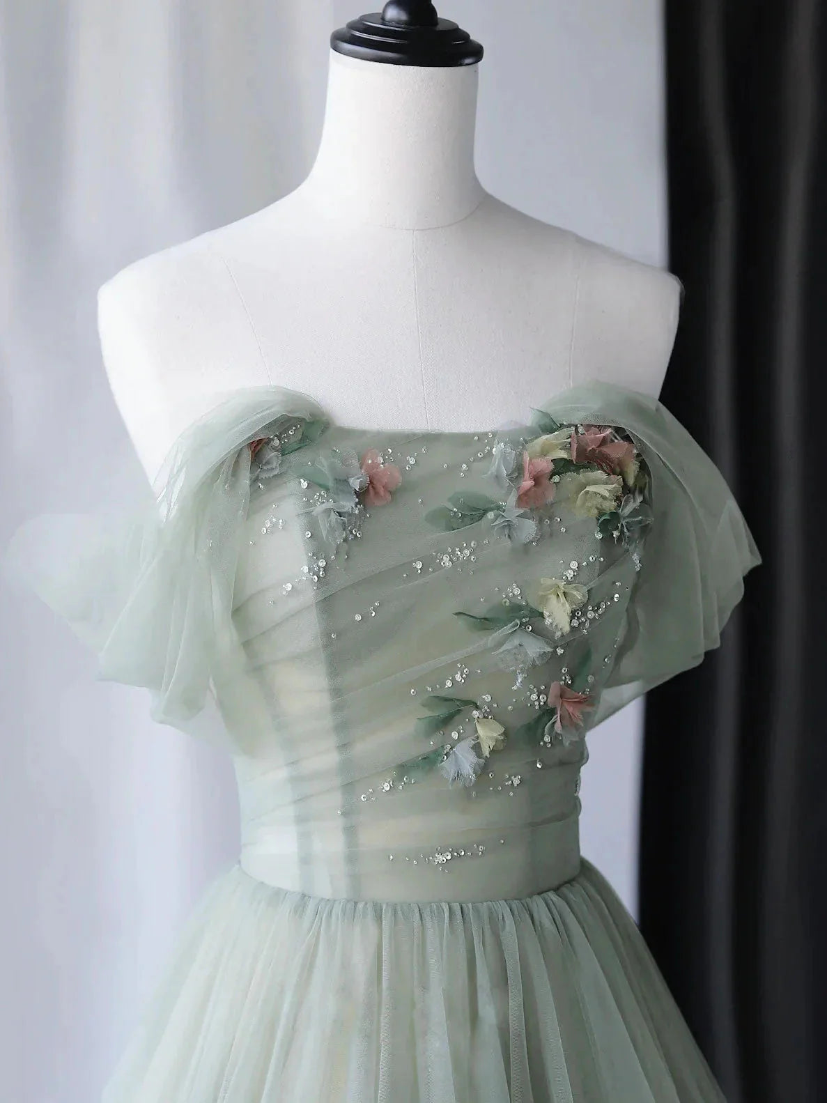 A-Line Green Tulle Long Formal Prom Dresses, Green Formal Evening Dresses Secondary image