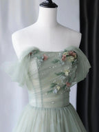 A-Line Green Tulle Long Formal Prom Dresses, Green Formal Evening Dresses