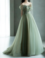 A-Line Green Tulle Long Formal Prom Dresses, Green Formal Evening Dresses