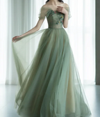A-Line Green Tulle Long Formal Prom Dresses, Green Formal Evening Dresses