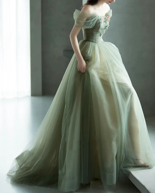 A-Line Green Tulle Long Formal Prom Dresses, Green Formal Evening Dresses