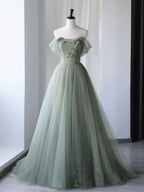 A-Line Green Tulle Long Formal Prom Dresses, Green Formal Evening Dresses
