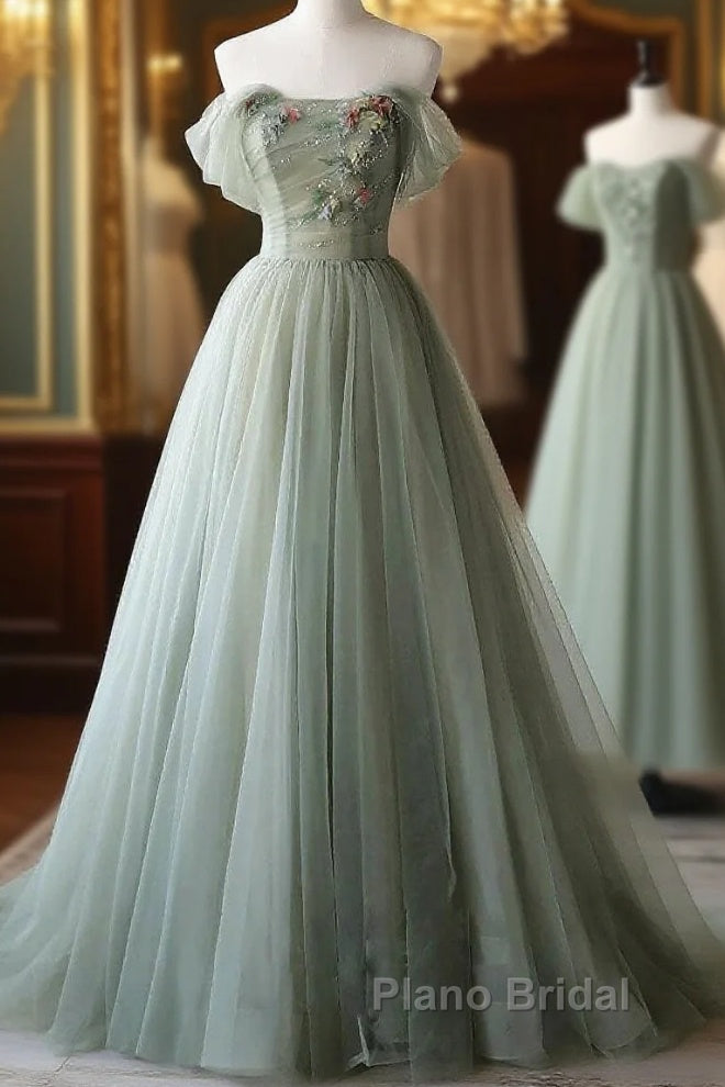 A-Line Green Tulle Long Formal Prom Dresses, Green Formal Evening Dresses