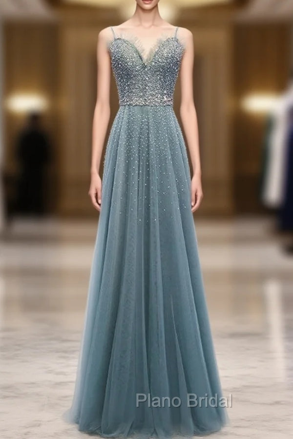 A-Line Green Tulle Spaghetti Straps Beading Formal Prom Dresses Main image