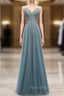 A-Line Green Tulle Spaghetti Straps Beading Formal Prom Dresses