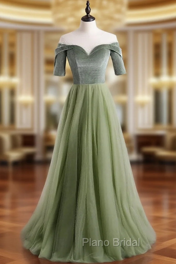 A-Line Green Tulle Velvet Short Sleeve Formal Prom Dresses Main image