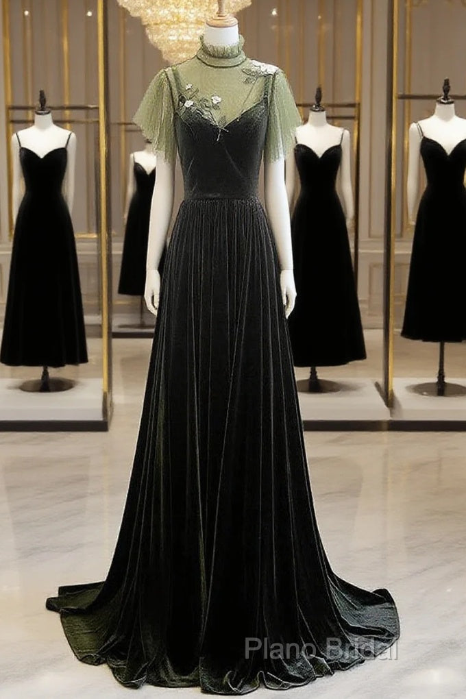 A-Line Green Velvet Long Wedding Party Dresses, High Neckline Formal Prom Dresses Formal Dresses Main image