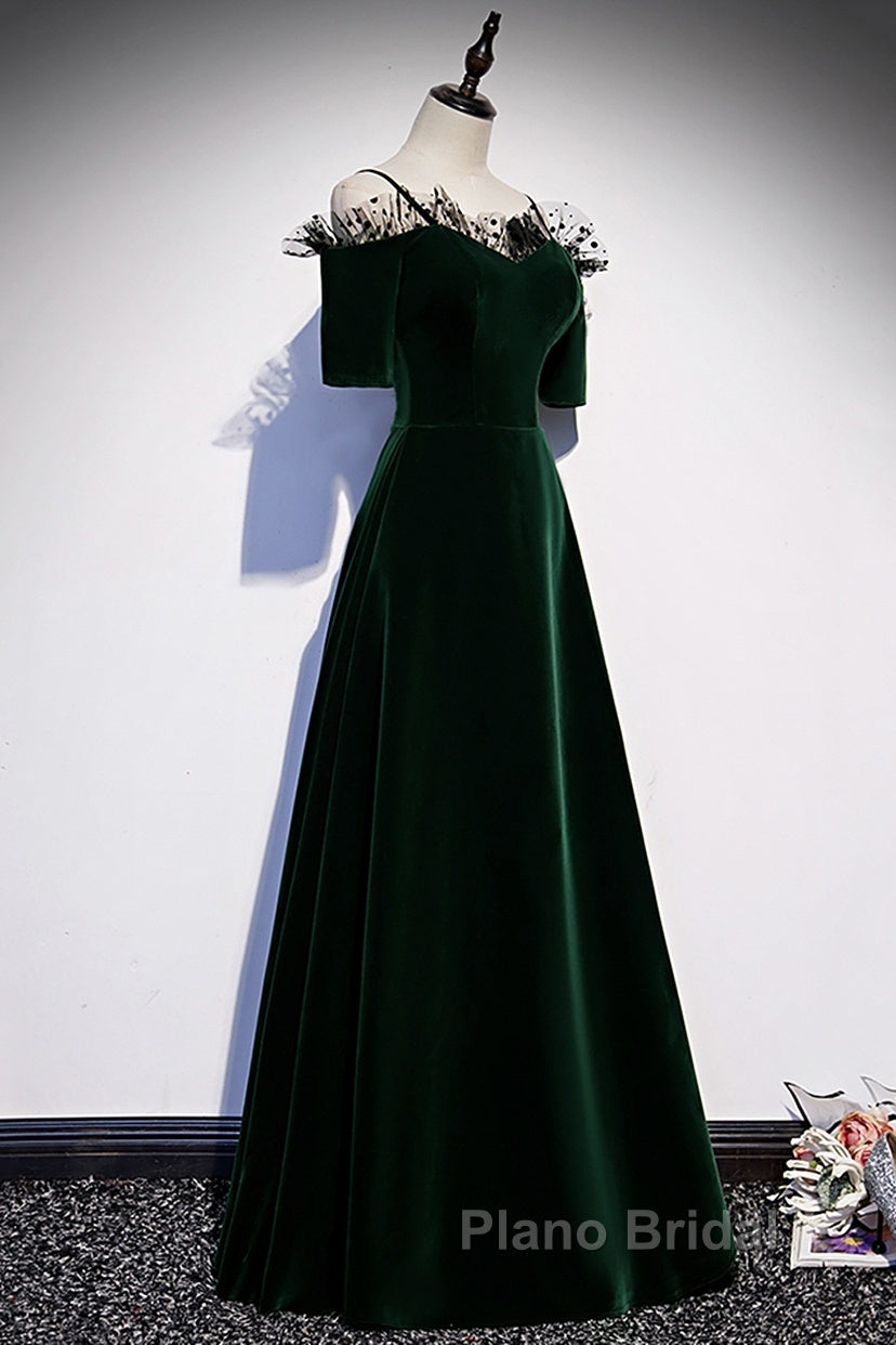 A-Line Green Velvet Spaghetti Straps Formal Prom Dresses, Green Wedding Party Dresses