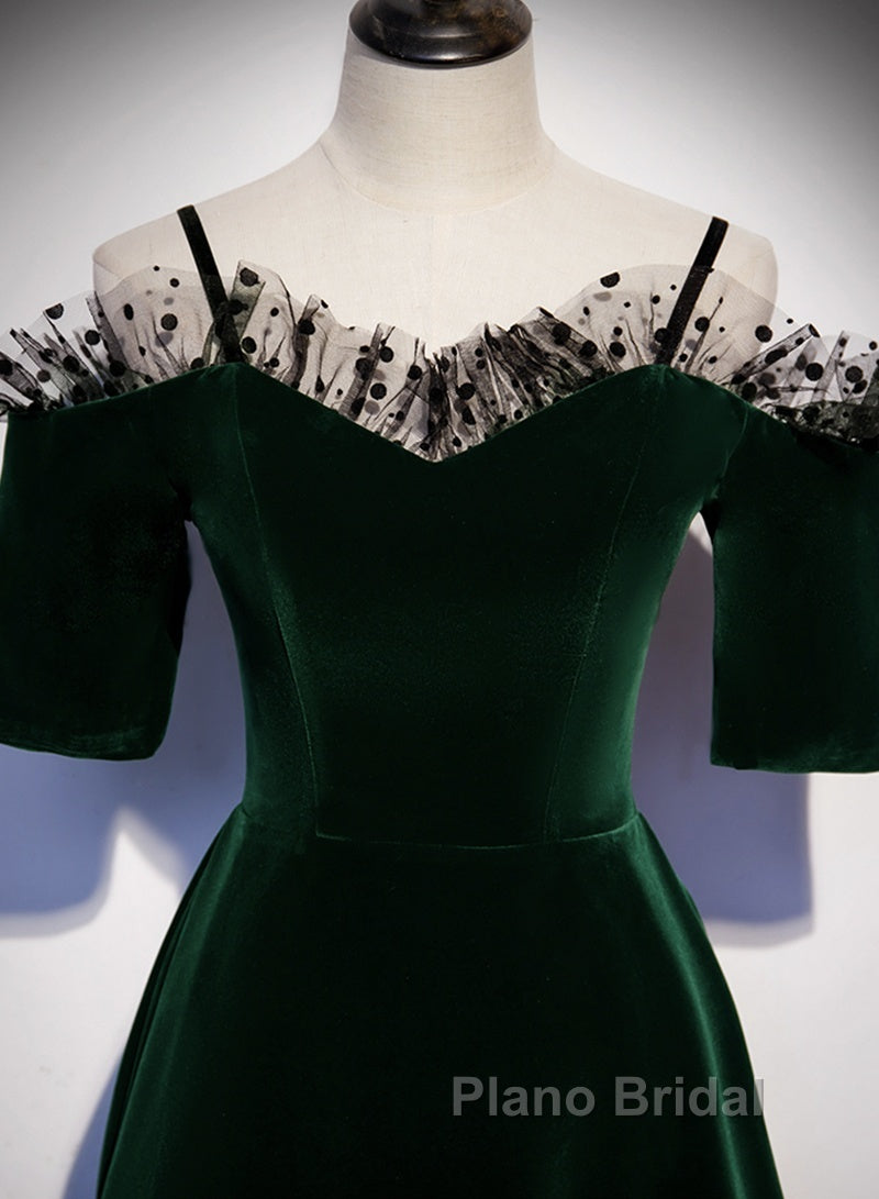 A-Line Green Velvet Spaghetti Straps Formal Prom Dresses, Green Wedding Party Dresses