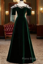 A-Line Green Velvet Spaghetti Straps Formal Prom Dresses, Green Wedding Party Dresses