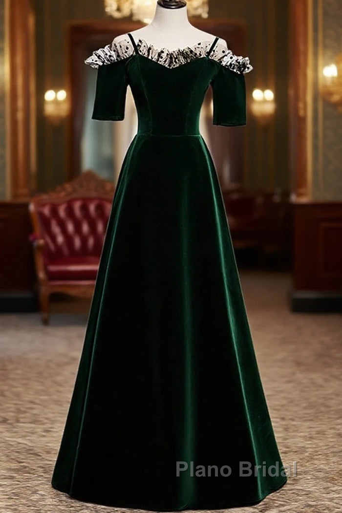 A-Line Green Velvet Spaghetti Straps Formal Prom Dresses, Green Wedding Party Dresses