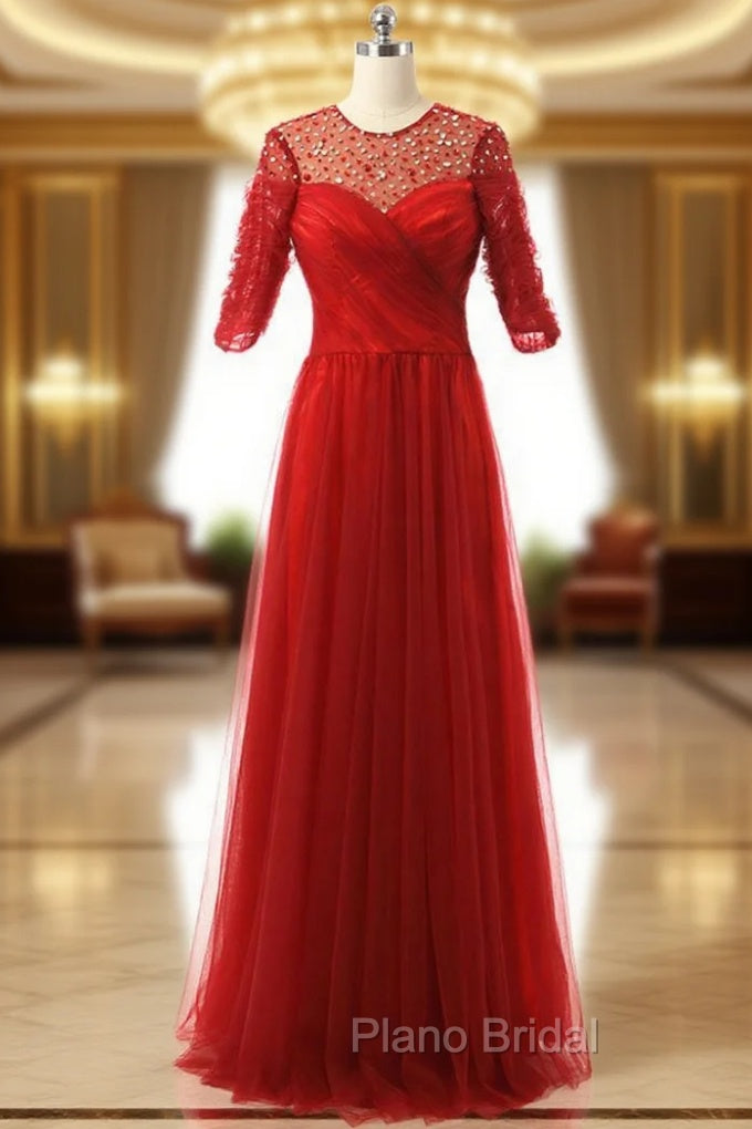 A line Half Sleeves Beaded Tulle Floor Length Red Mother Of The Bride Dresses Main image