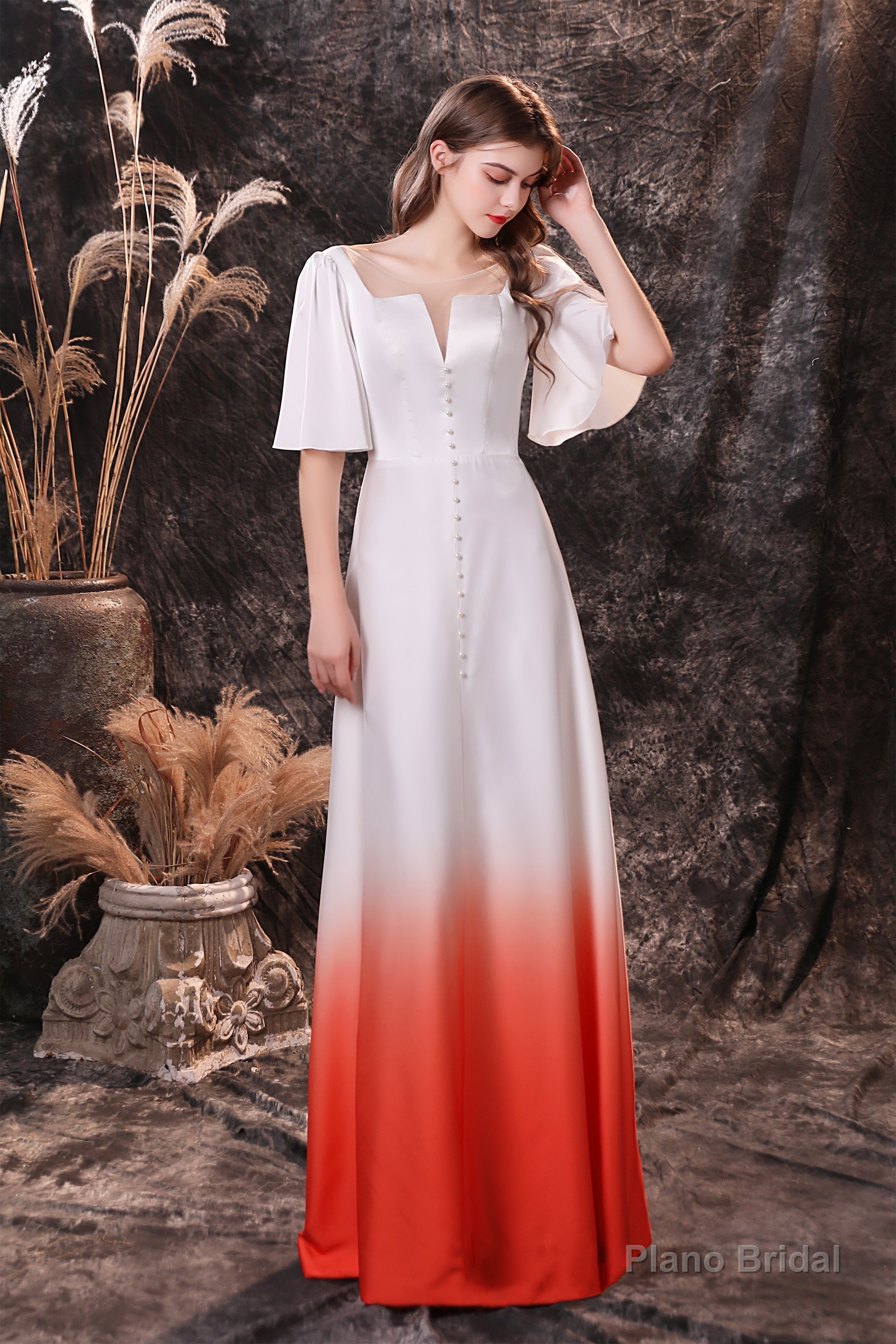 A Line Half Sleeves Ombre Silk Like Satin Floor Length Prom Dresses Secondary image