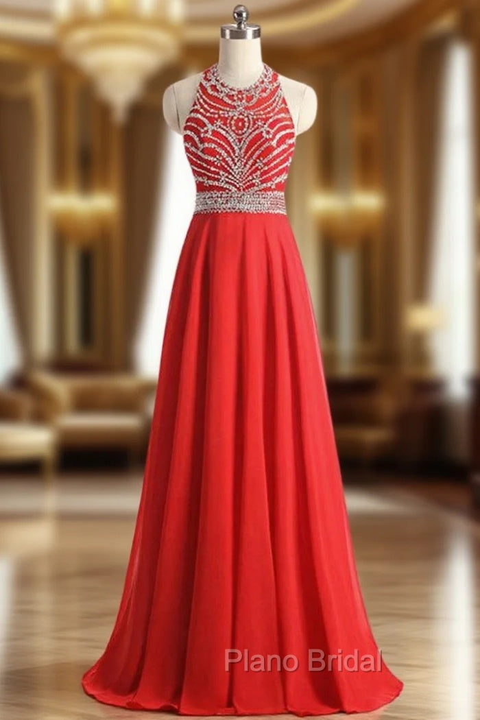 A-Line Halter Backless Chiffon Beading Sequins Formal Prom Dresses Main image