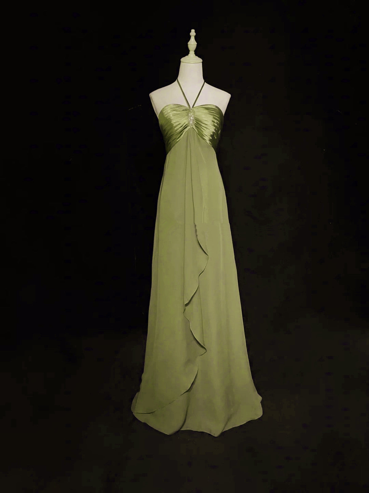 A-Line Halter Chiffon And Satin Long Party Dresses, Green Low Back Formal Prom Dresses Main image