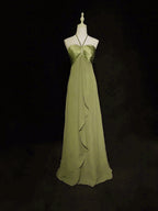 A-Line Halter Chiffon And Satin Long Party Dresses, Green Low Back Formal Prom Dresses