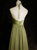 A-Line Halter Chiffon And Satin Long Party Dresses, Green Low Back Formal Prom Dresses