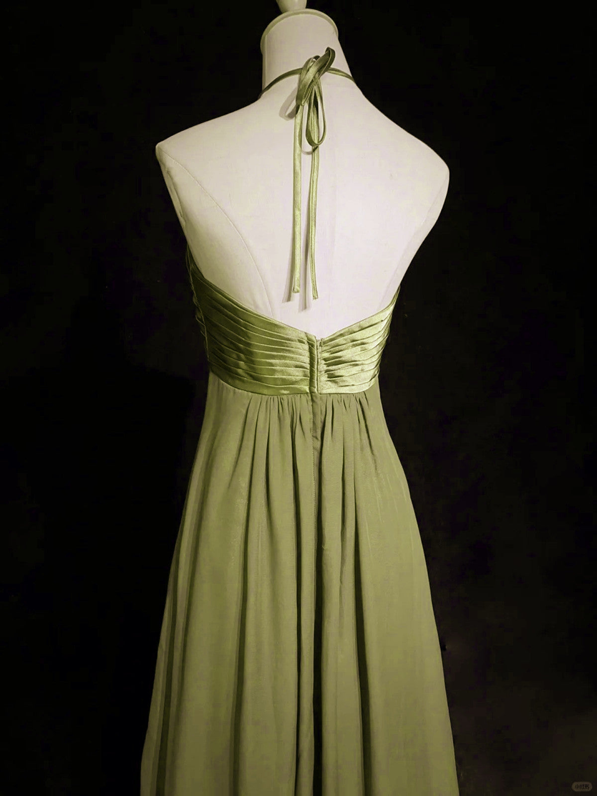 A-Line Halter Chiffon And Satin Long Party Dresses, Green Low Back Formal Prom Dresses