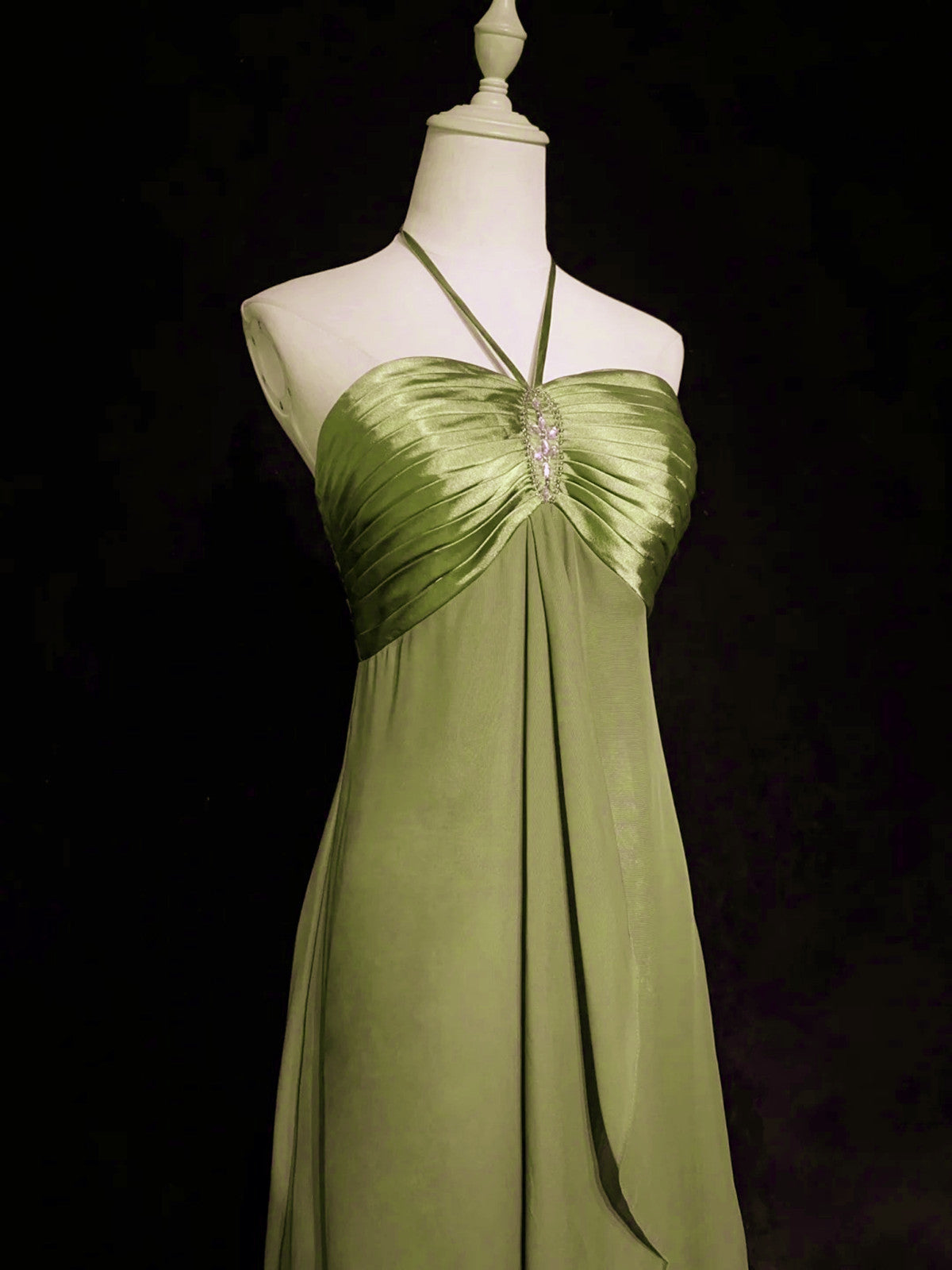 A-Line Halter Chiffon And Satin Long Party Dresses, Green Low Back Formal Prom Dresses