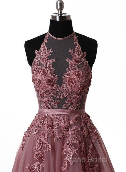 A Line Halter Neck Lace Formal Prom Dresses With Sweep Train, Backless Formal Dresses, Formal Dresses Secondary image