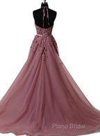 A Line Halter Neck Lace Formal Prom Dresses With Sweep Train, Backless Formal Dresses, Formal Dresses