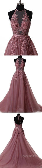 A Line Halter Neck Lace Formal Prom Dresses With Sweep Train, Backless Formal Dresses, Formal Dresses