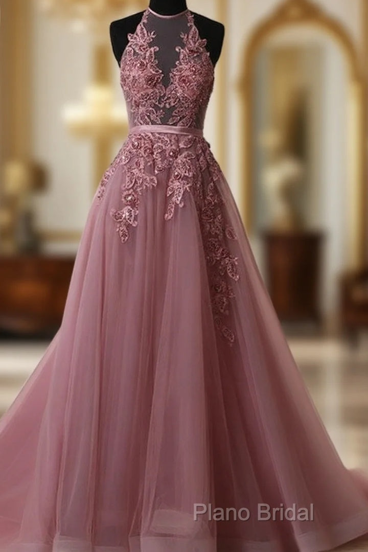 A Line Halter Neck Lace Formal Prom Dresses With Sweep Train, Backless Formal Dresses, Formal Dresses