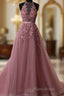 A Line Halter Neck Lace Formal Prom Dresses With Sweep Train, Backless Formal Dresses, Formal Dresses