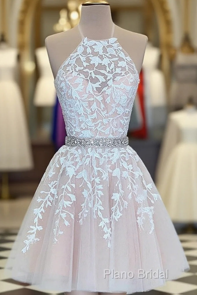 A Line Halter Neck Short Champagne Lace Formal Prom Dresses, Short Champagne Lace Formal Homecoming Dresses