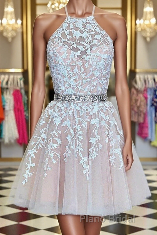 A Line Halter Neck Short Pink Lace Formal Prom Dress with Belt, Pink Lace Formal Graduation Homecoming Dress Main image