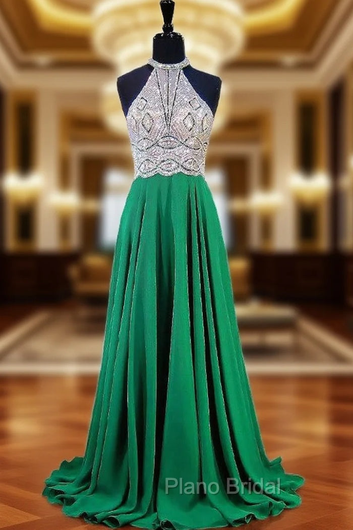 A-line Halter Sleeveless Beaded Floor Length Chiffon Formal Prom Dresses