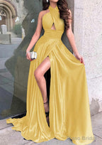 A-line Halter Sleeveless Long/Floor-Length Charmeuse Prom Dresses With Split
