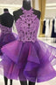 A-line Halter Sleeveless Organza Short/Mini Homecoming Dresses With Appliqued Beading Lace