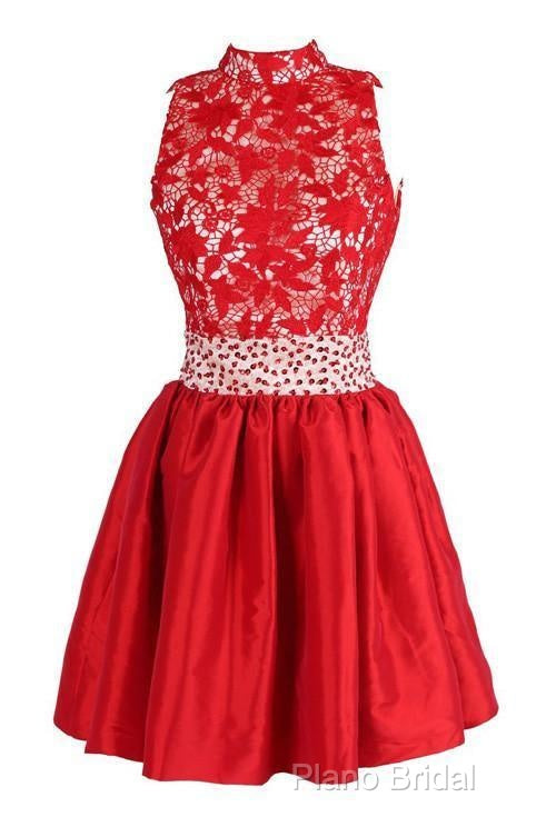 A-Line High Neck Knee Length Satin Homecoming Dresses With Lace