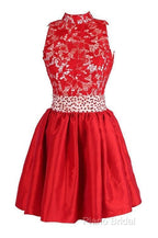 A-Line High Neck Knee Length Satin Homecoming Dresses With Lace
