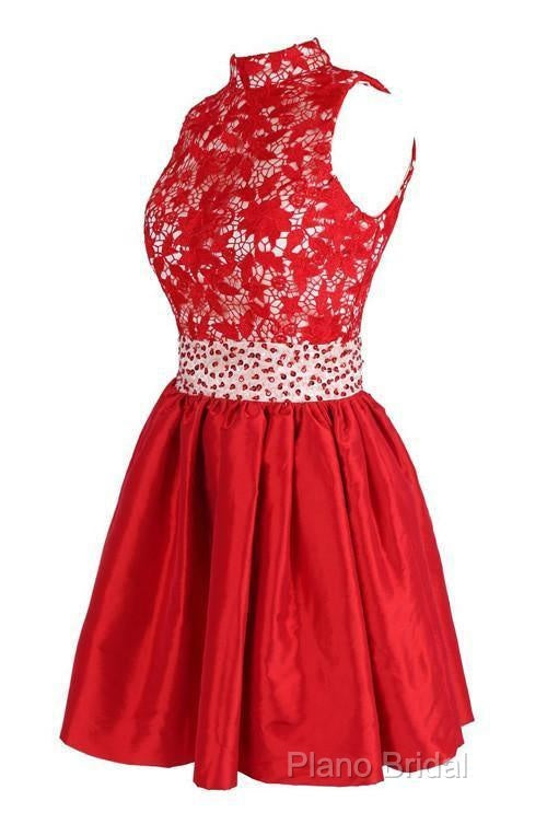 A-Line High Neck Knee Length Satin Homecoming Dresses With Lace