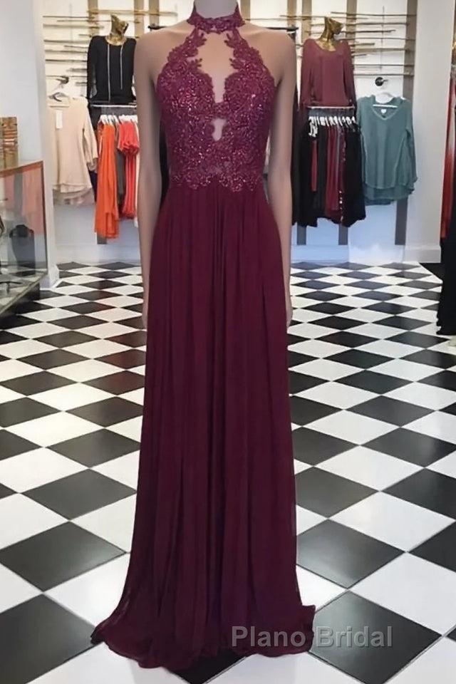 A Line High Neck Lace Long Formal Prom Dresses, Lace Evening Dresses