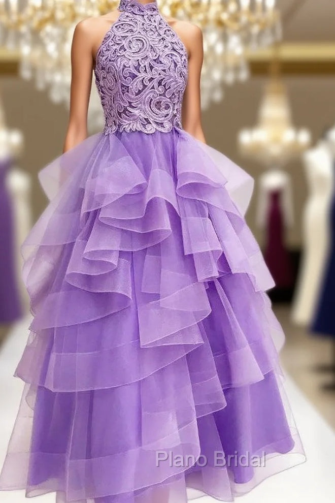 A-Line High Neck Light Purple Tulle Appliques Long Formal Prom Dresses with Beading Main image