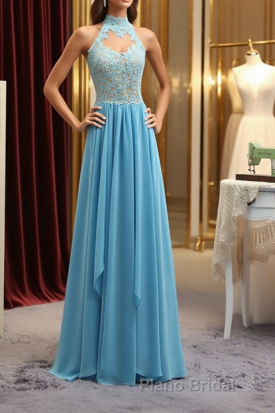 A Line High Neck Open Back Lace Chiffon Ruffles Blue Long Formal Prom Dresses, Blue Lace Formal Dresses, Blue Lace Graduation Dresses Main image