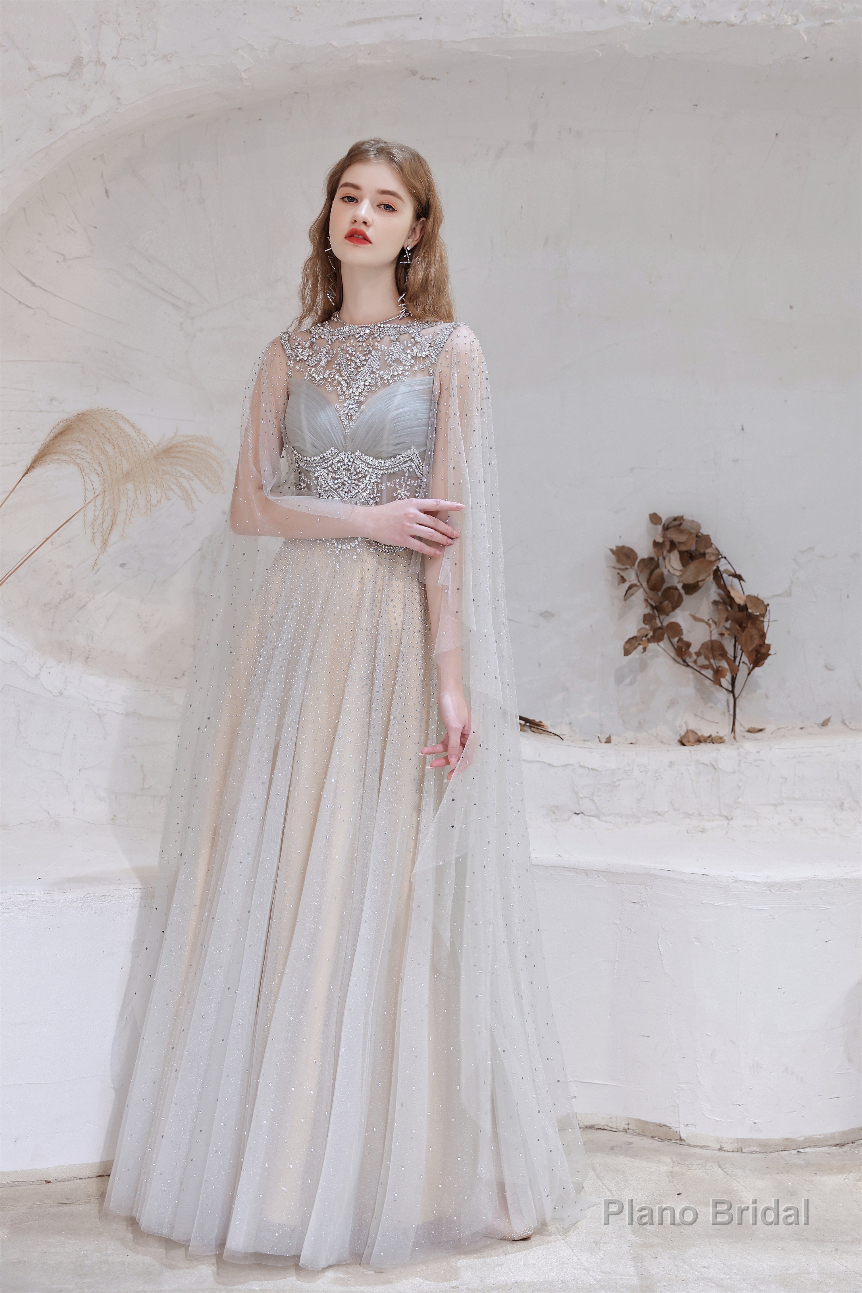 A Line High Neck Sleeveless Beading Tulle Floor Length Prom Dresses Main image