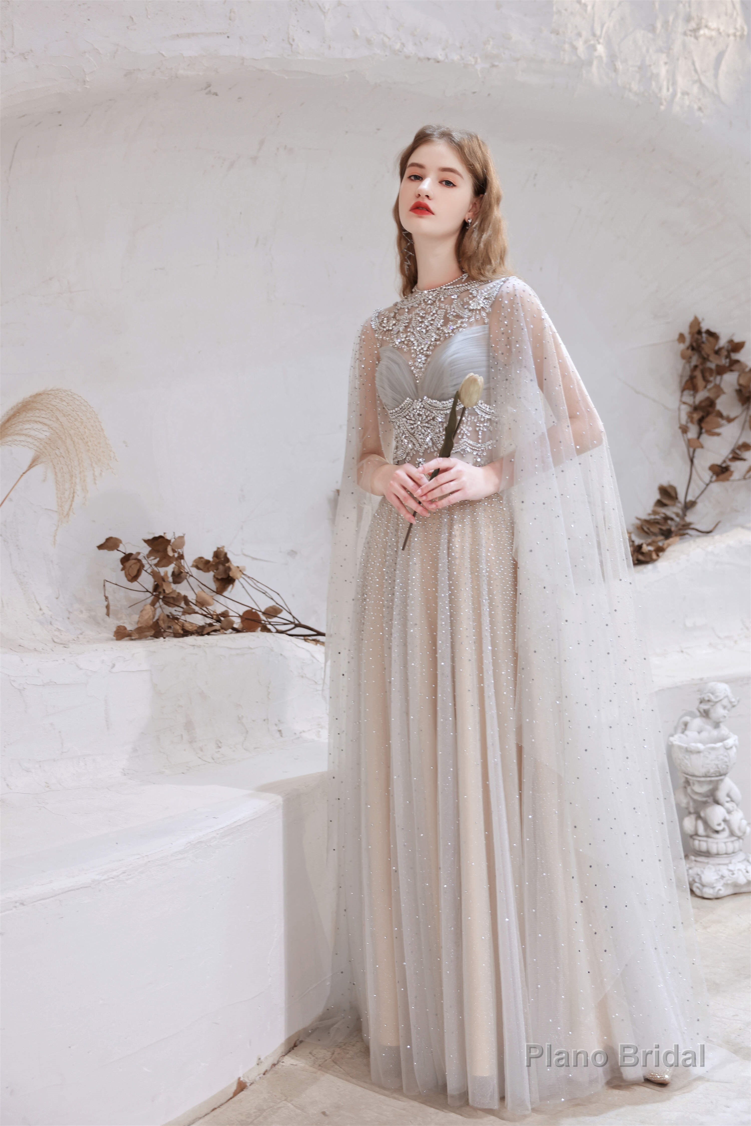 A Line High Neck Sleeveless Beading Tulle Floor Length Prom Dresses