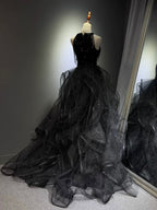 A-Line High Neck Tulle Ball Gown Sequin Black Formal Prom Dresses With Beads