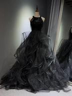 A-Line High Neck Tulle Ball Gown Sequin Black Formal Prom Dresses With Beads